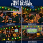 The Green and Yellow G40 set shown at a tailgate, a backyard table, a sports bar patio and a game room