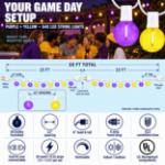 Diagram of the Purple and Yellow G40 light set showing two 25 foot stringers, 50 feet total, 12 inch socket spacing and a 6 inch lead and tail