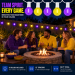Purple and Yellow G40 globe string lights hanging over a backyard fire pit gathering