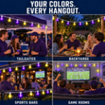 The Purple and Yellow G40 set shown at a tailgate, a backyard table, a sports bar patio and a game room