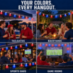 The Red and Blue G40 set shown at a tailgate, a backyard table, a sports bar patio and a game room