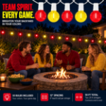 Red and Yellow G40 globe string lights hanging over a backyard fire pit gathering
