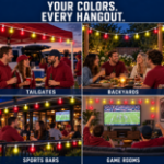 The Red and Yellow G40 set shown at a tailgate, a backyard table, a sports bar patio and a game room