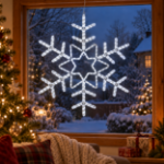 36" Deluxe LED Snowflake Pure White lit and mounted hanging in a holiday-decorated window at night