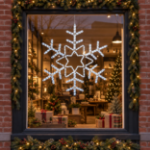 36" Deluxe LED Snowflake Pure White lit and mounted displayed in a lit, decorated storefront window