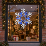 30" Deluxe LED Snowflake Pure White & Blue lit and mounted displayed in a lit, decorated storefront window