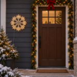 24" Fancy LED Snowflake Warm White lit and mounted beside a front door on a snowy evening