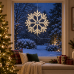 24" Fancy LED Snowflake Warm White lit and mounted hanging in a holiday-decorated window at night