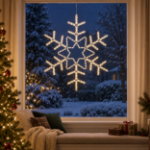 36" Deluxe LED Snowflake Warm White lit and mounted hanging in a holiday-decorated window at night