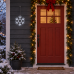 15" Traditional LED Snowflake Pure White lit and mounted beside a front door on a snowy evening