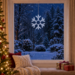 15" Traditional LED Snowflake Pure White lit and mounted hanging in a holiday-decorated window at night
