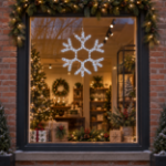 15" Traditional LED Snowflake Pure White lit and mounted displayed in a lit, decorated storefront window