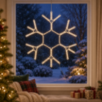 36" Traditional LED Snowflake Warm White lit and mounted hanging in a holiday-decorated window at night