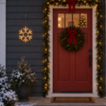 15" Traditional LED Snowflake Warm White lit and mounted beside a front door on a snowy evening