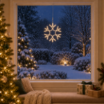 15" Traditional LED Snowflake Warm White lit and mounted hanging in a holiday-decorated window at night