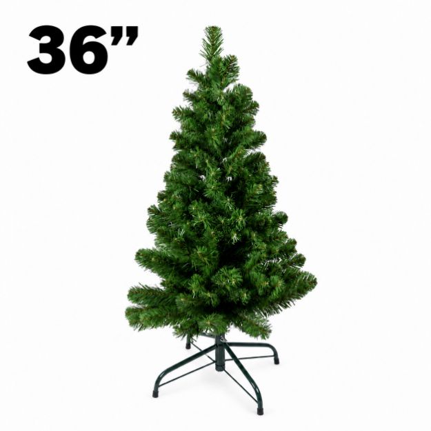 36-inch unlit Colorado Pine Christmas tree on its folding metal stand with height label