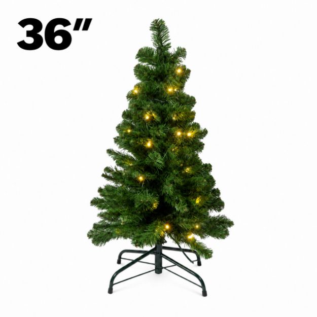 36-inch pre-lit warm white Colorado Pine Christmas tree on its folding metal stand with height label