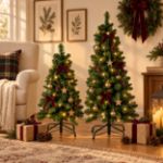 A pair of 36-inch pre-lit warm white Colorado Pine Christmas trees decorating a living room