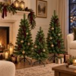 48-inch unlit Colorado Pine Christmas tree beside a decorated fireplace mantel