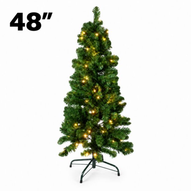 48-inch pre-lit warm white Colorado Pine Christmas tree on its folding metal stand with height label