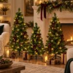 48-inch pre-lit warm white Colorado Pine Christmas tree beside a decorated fireplace mantel