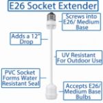 Diagram of the white E26 socket extender features including UV resistant PVC and a water resistant seal