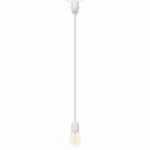 White socket extender hanging from a patio string light with a lit bulb