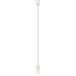 White socket extender hanging from a patio string light with a lit bulb