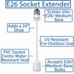 Diagram of the white E26 socket extender features including UV resistant PVC and a water resistant seal
