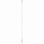 White socket extender hanging from a patio string light with a lit bulb