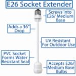 Diagram of the white E26 socket extender features including UV resistant PVC and a water resistant seal