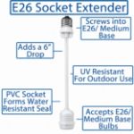 Diagram of the white E26 socket extender features including UV resistant PVC and a water resistant seal