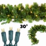 30 foot lighted Colorado Pine garland with 300 warm white mini lights, shown with a bulb close-up