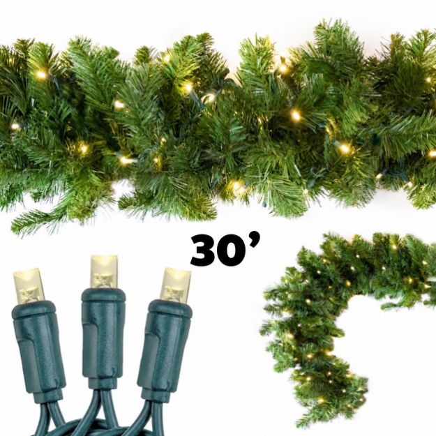 30 foot lighted Colorado Pine garland with 300 warm white mini lights, shown with a bulb close-up