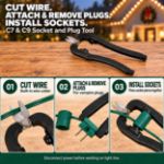 Infographic showing the tool cutting wire, attaching plugs and installing sockets
