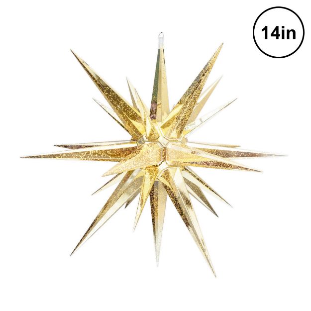 Metallic gold 14 inch Moravian star lit from within, shown against white