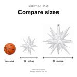 Size comparison diagram showing the 14 inch and 24 inch Moravian stars beside a basketball