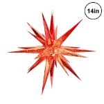 Metallic red 14 inch Moravian star lit from within, shown against white