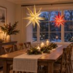 Holiday dining room with lit Moravian stars over the table