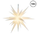 White 14 inch Moravian star lit from within, glowing warmly against white