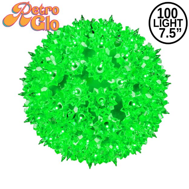 Lit green RetroGlo starlight sphere, 7.5 inch, shown against white