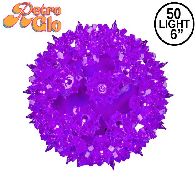 Lit purple RetroGlo starlight sphere, 6 inch, shown against white
