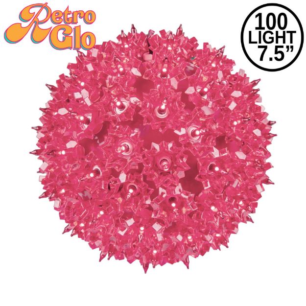 Lit pink RetroGlo starlight sphere, 7.5 inch, shown against white