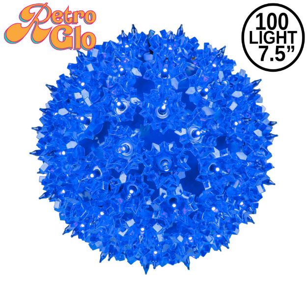 Lit blue RetroGlo starlight sphere, 7.5 inch, shown against white