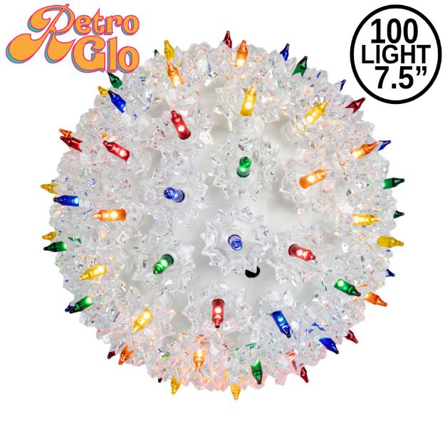 Lit multi RetroGlo starlight sphere, 7.5 inch, shown against white