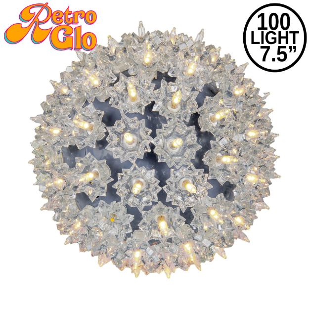 Lit silver RetroGlo starlight sphere, 7.5 inch, shown against white