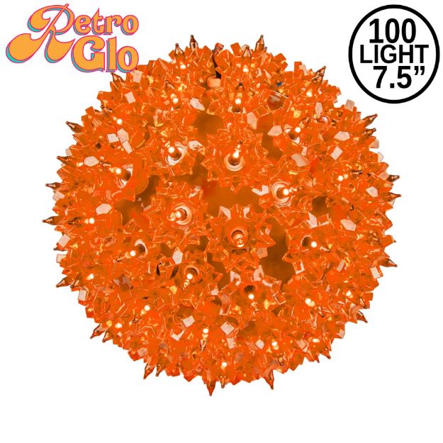 Lit orange RetroGlo starlight sphere, 7.5 inch, shown against white