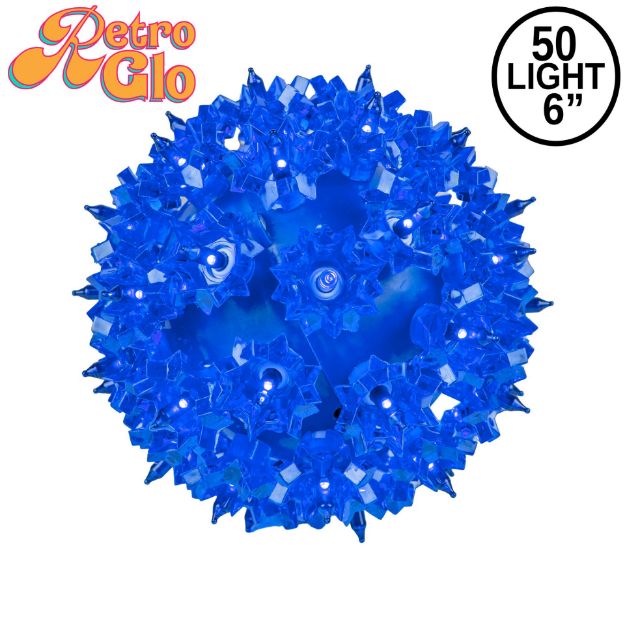 Lit blue RetroGlo starlight sphere, 6 inch, shown against white