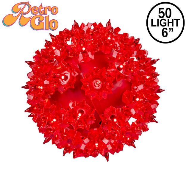 Lit red RetroGlo starlight sphere, 6 inch, shown against white