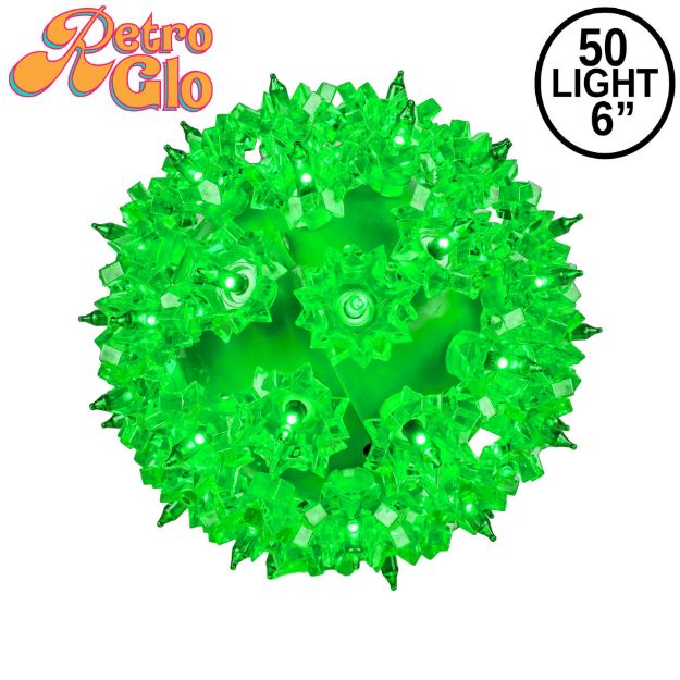 Lit green RetroGlo starlight sphere, 6 inch, shown against white